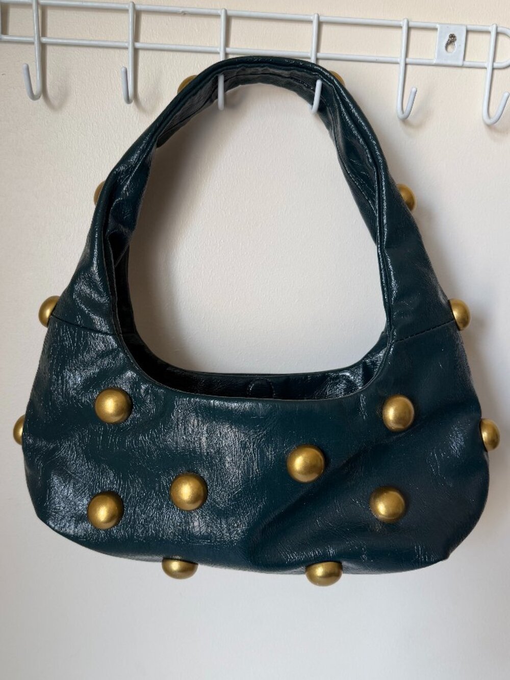Zara Y2K Gold Stud Hobo Bag | Dark Green Patent Leather Shoulder Bag | Vintage - Picture 4 of 8
